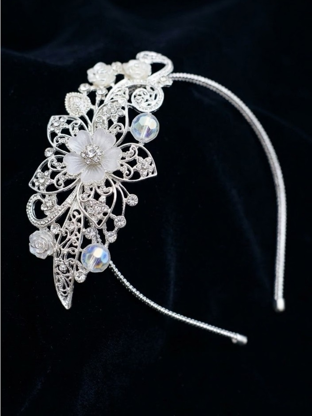 Rhinestone Floral Bridal Headband Silver Tone Metal Wedding Crystal Hairpiece
